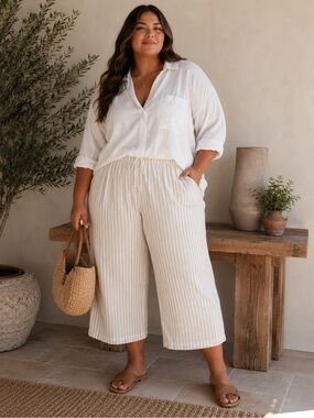 Lands' End Sea Women's 1XL Striped Linen Blend Cropped Wide Leg Pants Pull-On